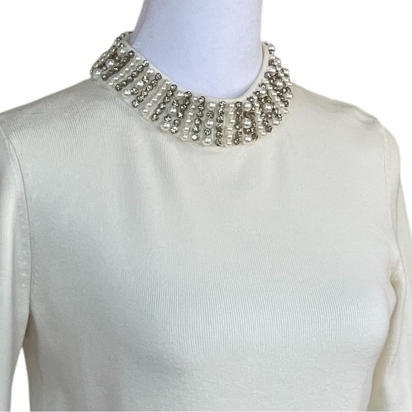 Talbots Petite Ivory Cream Sweater Pearl Rhinestones Collar Sz SP Short Sleeves - Picture 7 of 16